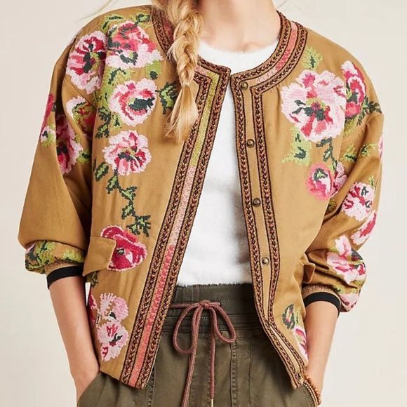 Anthropologie Jackets & Blazers - Anthropologie Needlepoint Floral Oversized Boxy Bomber jacket